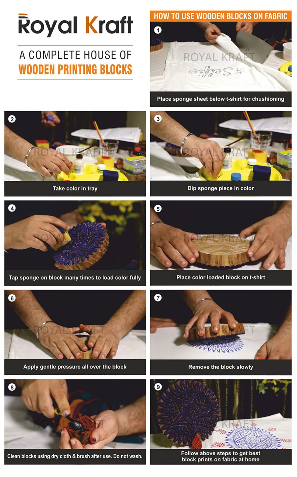 Royal Kraft Wooden Stamps for Block Printing on Saree Border, Textile, Clay, Pottery, Tattoo (Set of 10) MXtag0001