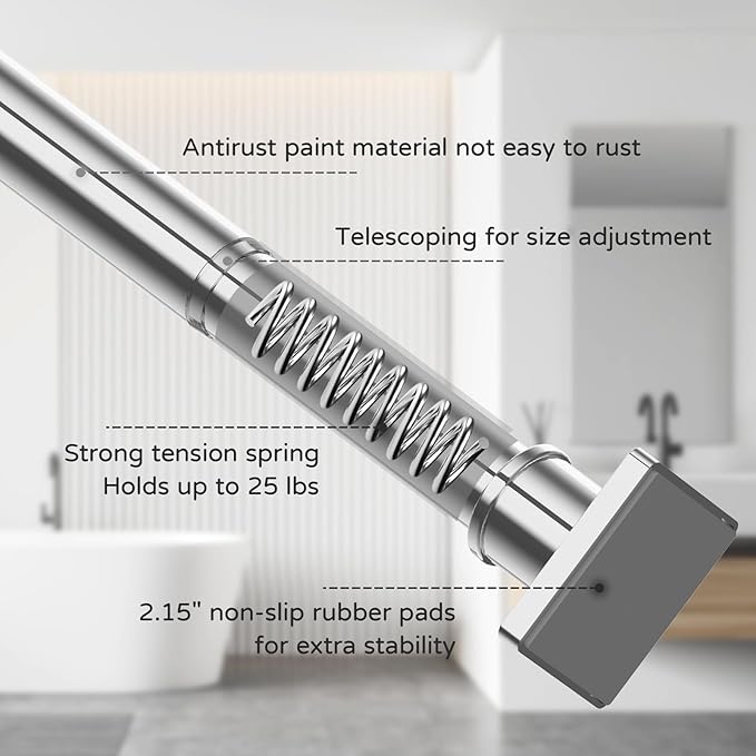 UIOSANRT Stainless Silver Shower Curtain Rod 31-68 Inches Non-Slip Shower Rod Tension Mounted No Drill Shower Curtain Rods Spring Tension Rod Adjustable Tension Curtain Rod for Windows Bathroom