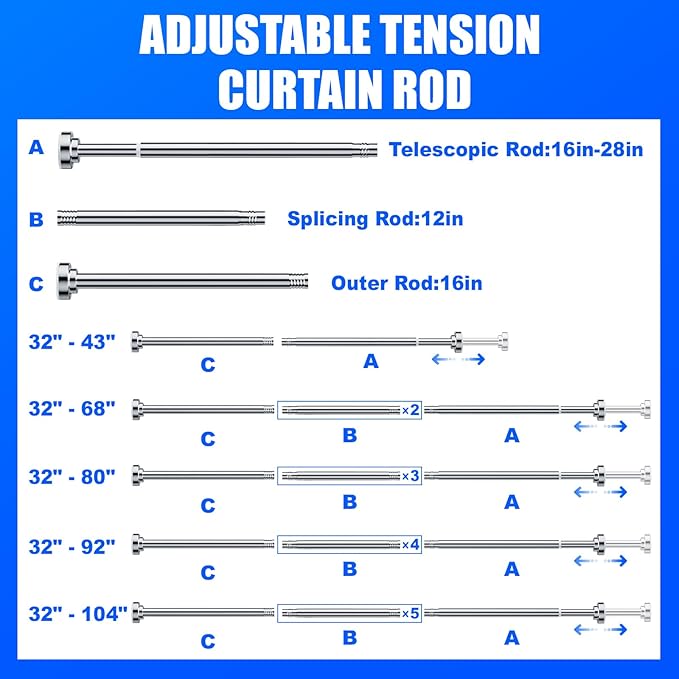 Ausemku Shower Curtain Rod - 32-43 Inch Rustproof Tension Rod, Non-Slip Spring Design, No Drilling Adjustable Curtain Rod for Bathroom, Kitchen, and Closet（Silver）