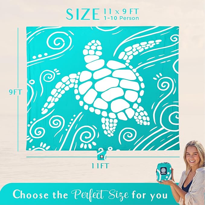 WEKAPO Beach Blanket Waterproof Sandproof Oversized Extra Large Sand Free Beach Mat with Stakes, Storage Bag - Essentials for Outdoor Beach, Picnic (Gradient Teal Sea Turtle, 11 X 9 FT (1~10 Person))