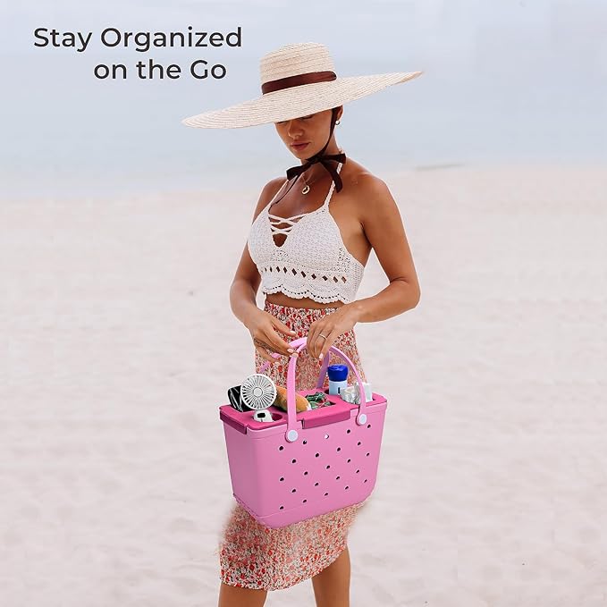 Tote Topper Tray Accessories for Bogg Bag Large Only – Waterproof EVA Table Top Organizer Lid with Cup Holder, Snack, Phone & Drink Holders for Beach, Pool, Picnic, Travel (Pink)