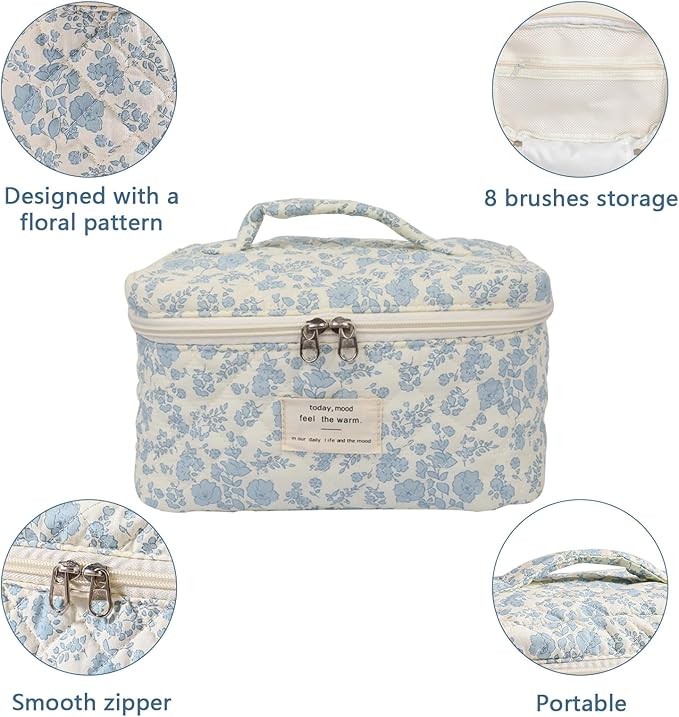 Gosect Large Travel Quilted Makeup Bag for Women,Big Floral Cotton Cosmetic Bag, Cute Coquette Aesthetic Floral Toiletry Organizer Bag (Pink pattern)