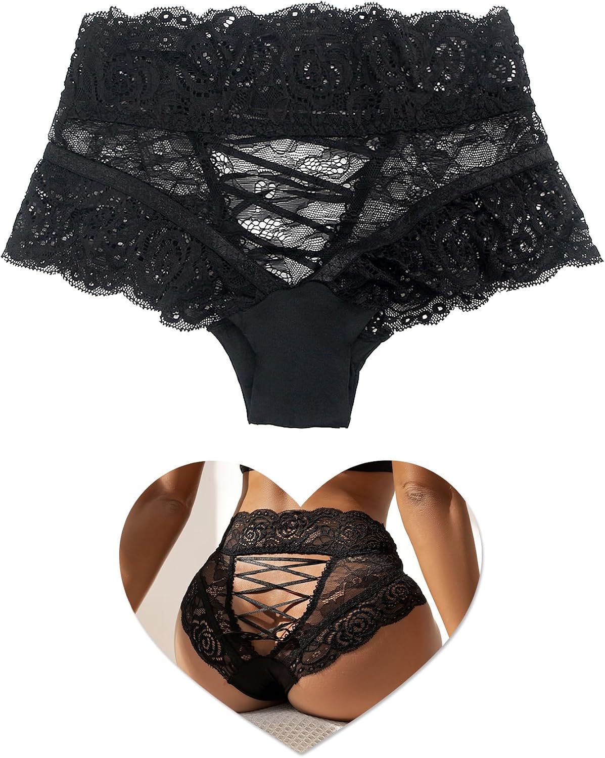 ohmydear Womens Lace Boyshorts Sexy Panties Crisscross Strappy Underwear High Waisted Soft Briefs XS-4XL