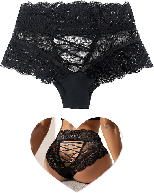 ohmydear Womens Lace Boyshorts Sexy Panties Crisscross Strappy Underwear High Waisted Soft Briefs XS-4XL