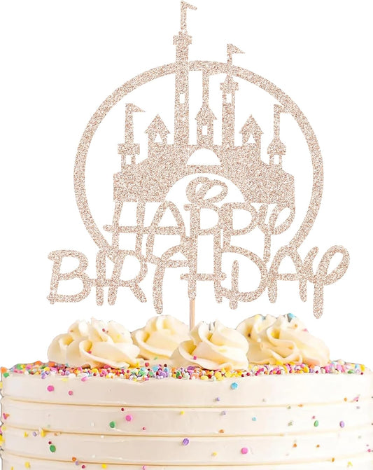 Castle Birthday Cake Topper - Rose Gold Glitter Castle Theme Birthday Party Cake Decoration Supply - Princess Prince Happy Bday Cake Topper Photo Prop