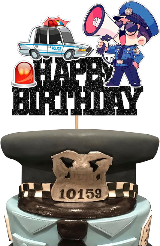 Police Birthday Cake Topper| Policeman Officer Police Car Themed for Kids Adults Happy Birthday Retirement Party Supplies Black Glitter Decorations Supplies