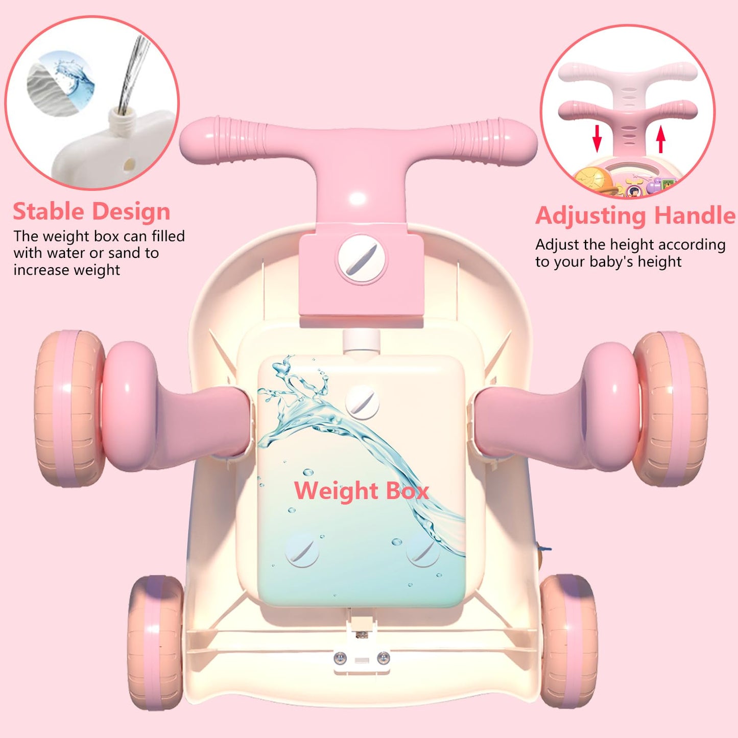 QDRAGON 3 in 1 Baby Walker and Activity Center for Girl, Learning to Walk, Sit to Stand, Early Educational Push Toys with Music Panel for Infant Toddler 12+ Months Pink