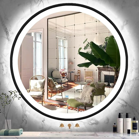 36 Inch Black Frame Round Lighted Mirror for Bathroom Salon Wall Black Round LED Vanity Mirror with Lights 3 Color Adjustable Brightness AntiFog 36" BlackFramed Circle Smart Light up Mirrors