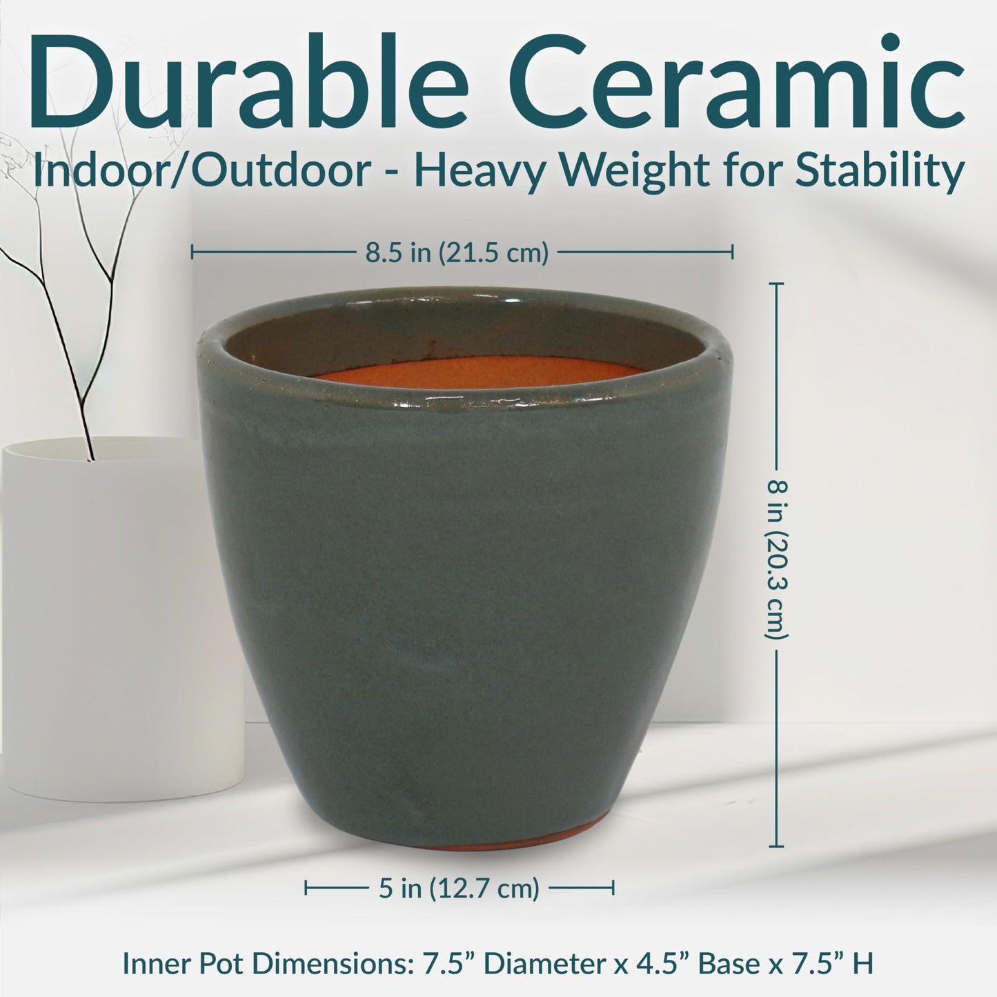 Sunnydaze Resort Round Ceramic Planter - Set of 2 Indoor or Outdoor Plant Pots with Drainage Hole - 8" - Gray Glaze"