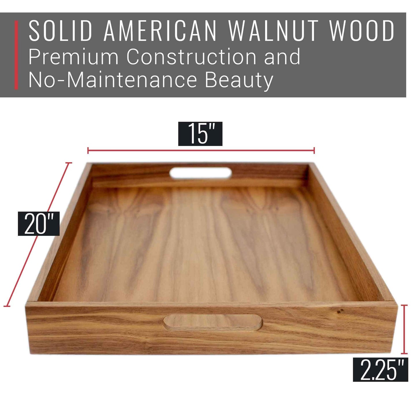 Virginia Boys Kitchens Walnut Wood Serving Tray with Handles - Serve Coffee, Tea, Cocktails, Appetizers, Breakfast in Bed or for Ottomans or Desk - 20x15 Rectangular