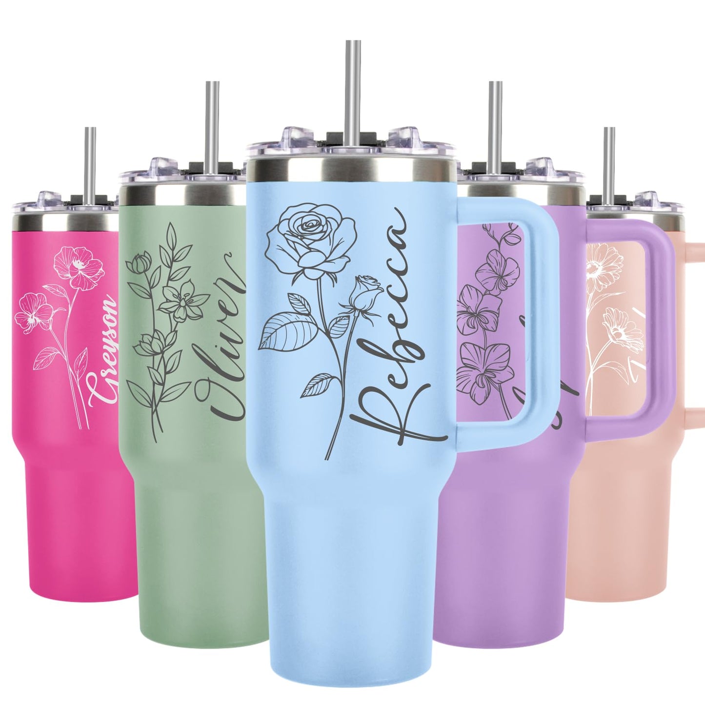 Personalized 40 Oz Tumbler with Handle Custom Tumbler with Name & Birth Flower Month, Stainless Steel Travel Coffee Mug Cup, Birthday Gifts Personalized Gifts for Women Men