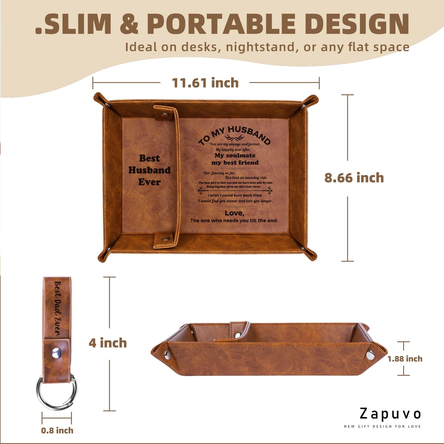 ZAPUVO Best Husband Ever PU Leather Tray and Keychain, Men Anniversary Birthday Gifts Ideas for Husband Him Boyfriend Who Has Everything from Wife, Christmas Xmas Gifts Stocking Stuffers for Men Him