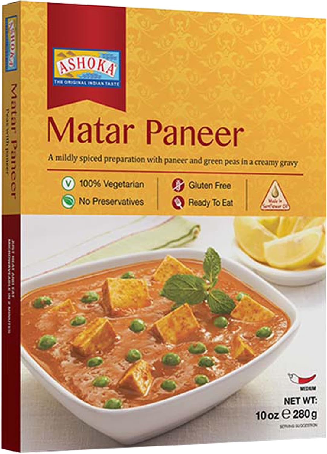 Ashoka Heat & Eat Entrees 1932, Vegetarian Green Peas & Cheese, Gluten-Free Indian Meals, Kosher Certified, All-Natural Matar Paneer, Travel Friendly, Portable, No Preservatives, Pack of 1