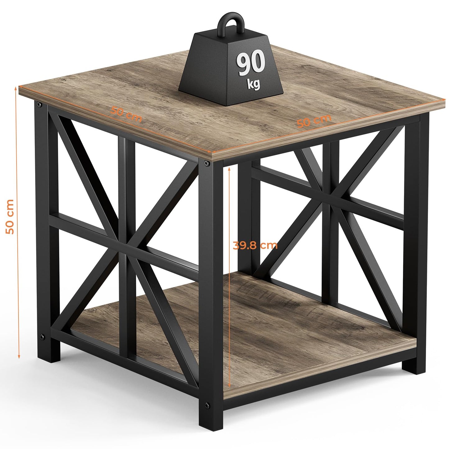 GreenForest Side Table, 50cm End Table with 2-Tier Storage Shelf, Square Small Bed Side Table for Living Room, Farmhouse Sofa Nightstand for Bedroom Office, Grey Wash