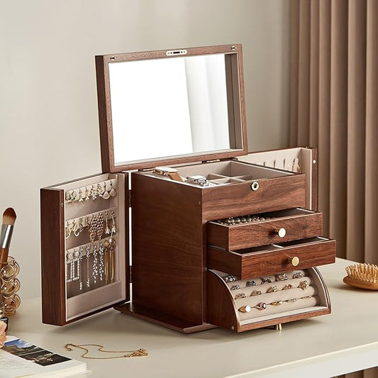 Black Walnut Wooden Jewelry Box, Wood Jewelry Organizer with 2 Side Doors Mirror Lockable Classical for Watch Necklace Ring Earring Valentine's Day Gifts-4 Layer with Curved Ring Grooves