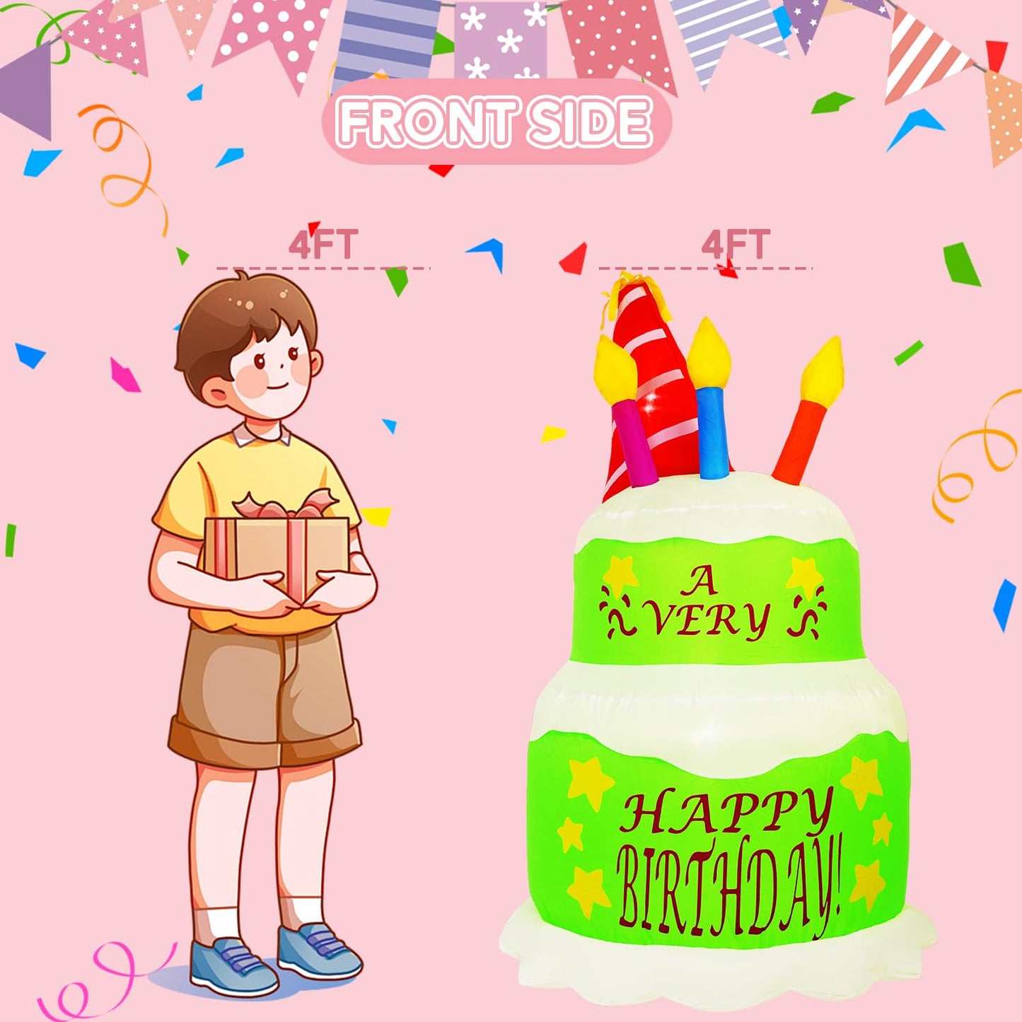HZGDEJTG 4FT Birthday Cake Birthday Party Outdoor Inflatable Decoration, Outdoor Inflatable Decoration with LED Lights, Birthday Inflatable Decoration for Garden, Patio, Lawn