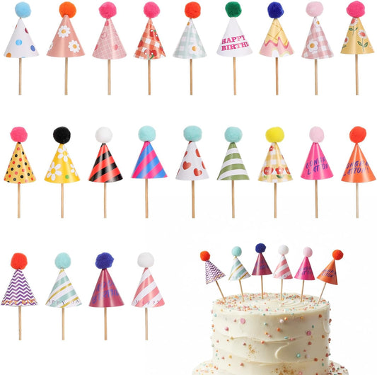 22 Pcs Party Hat Cupcake Toppers, Mini Cupcake Birthday Decorations for Baby Shower, Wedding, and Festival Celebrations, DIY Birthday Hats Cup Cake Toppers Dessert Decoration
