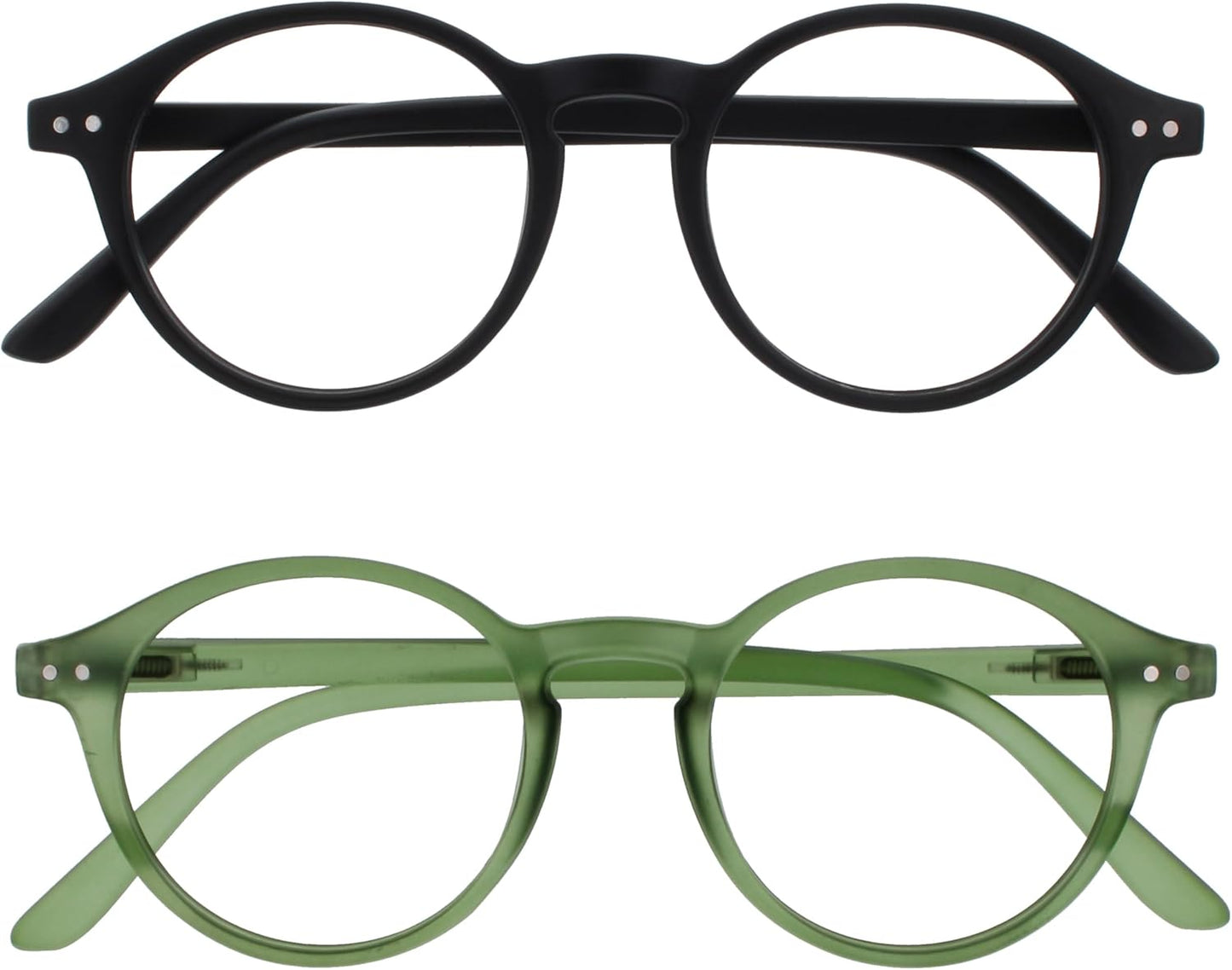 OPULIZE REY Reading Glasses for Women Men, Retro Round Frame with Spring Hinges, Matte Black, Green +3.00 (Pack of 2)