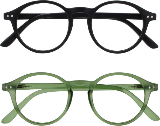OPULIZE REY Reading Glasses for Women Men, Retro Round Frame with Spring Hinges, Matte Black, Green +3.00 (Pack of 2)