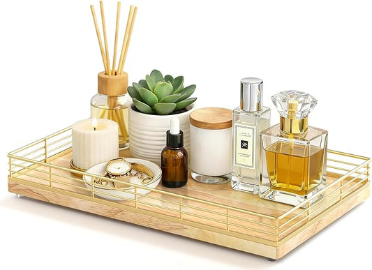 Large Bathroom Vanity Tray â 13" x 8" Oak Decorative Wooden Tray for Bathroom Countertop & Vanity Organizer, Wood Tray for Perfume Skincare Accessories Storage Vanity Dresser Decor Gold & Natural Oak