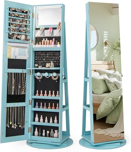 CHARMAID 360Â° Swivel Jewelry Armoire with Full Length Mirror, Rear Storage Shelves, Lockable Standing Jewelry Cabinet Organizer with Interior Vanity Mirror and 3-Color Lights (Sky Blue)