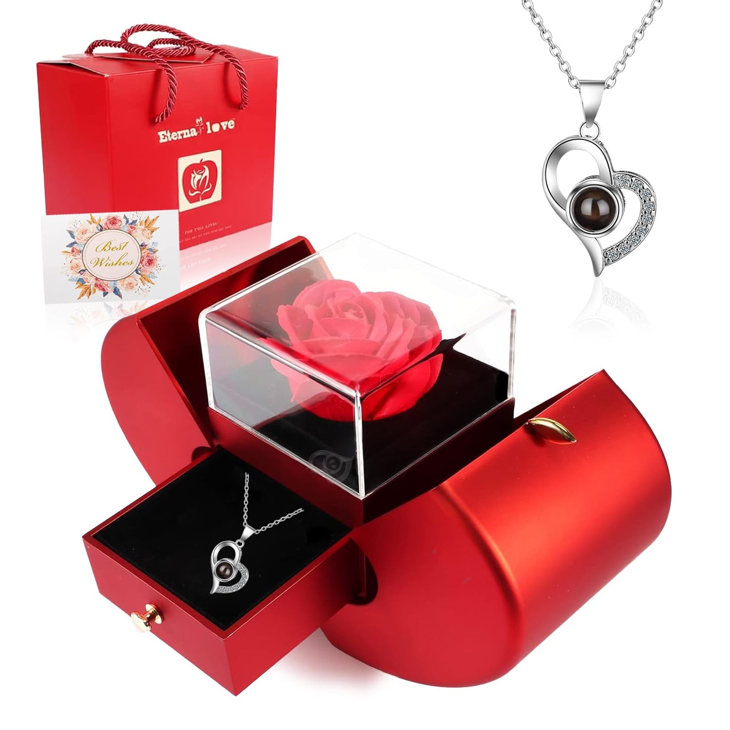 Preserved Real Rose with I love you Necklace 100 Languages, Gifts for Girlfriend, Women, Mom, Wife, Gifts Idea on Christmas, Valentine's Day, Mother's Day, Birthday, Anniversary, Thanksgiving
