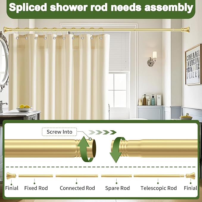 YNL Gold Shower Curtain Rod 36-68 Inch(3-5.67ft), No Slip No Drill Stainless Steel Spring Tension Curtain Rod, No Rust Shower Rod Adjustable For Bathroom closet
