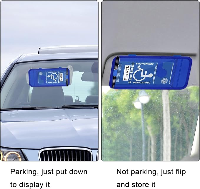 Handicap Placard Holder for Auto, Wisdompro Disabled Parking Permit Sign Protector for Car Sun Visor with Note Paper Slot, Pen Holder and Elastic Strap - Blue