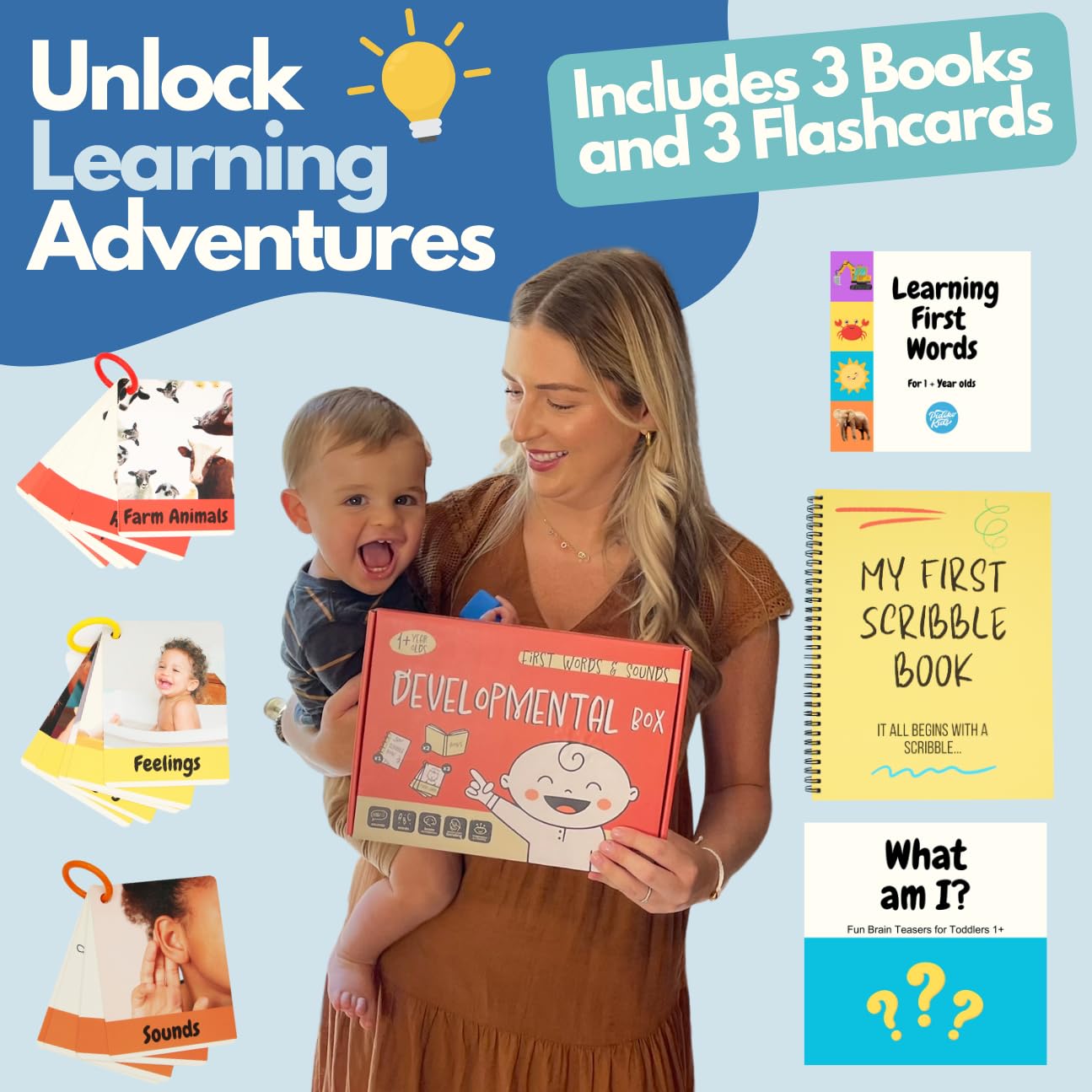 Pidoko Kids Developmental Baby Box - One Year Old Boy Birthday Gift - First Words, Sounds, Talk & Scribble for 1 + Boys Girls - Toddler Learning Activities Toys - Educational Board Books & Flashcards