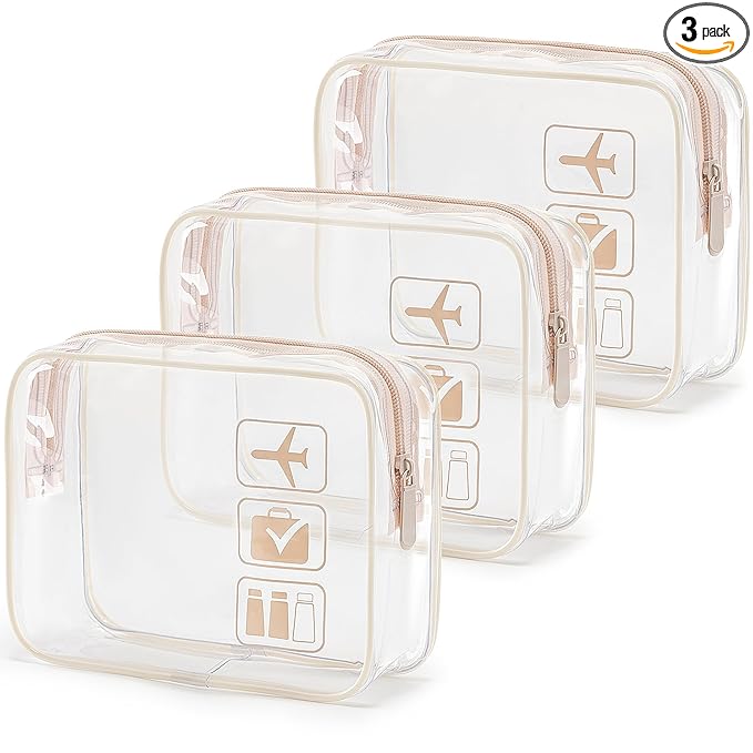 MODENGKONGJIAN TSA Approved Toiletry Bag, 3 Pcs Clear Toiletries Bags Quart Size Travel Makeup Cosmetic Bag for Women Men, Carry on Airport Airline Compliant Bag (Flesh Pink)