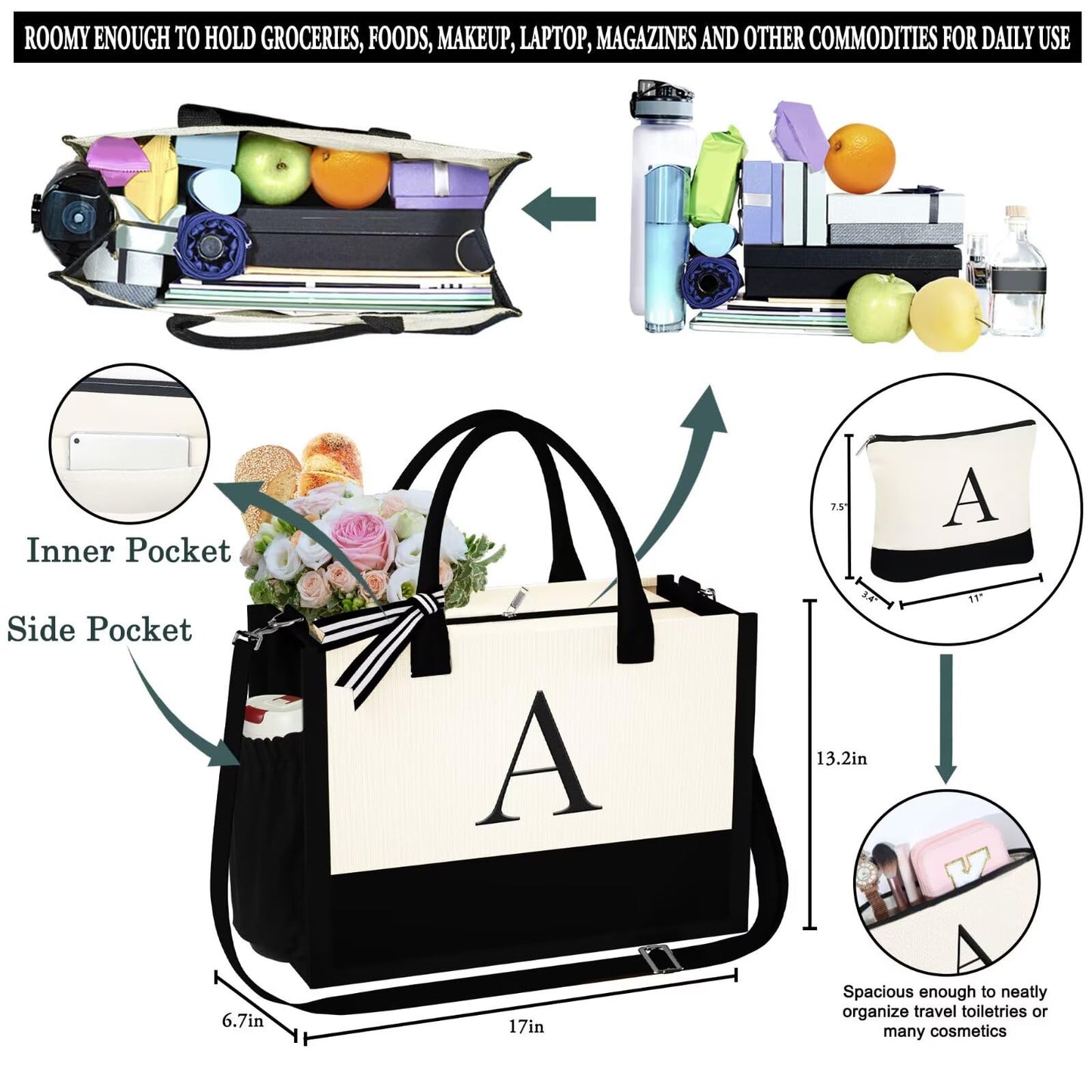 YOOLIFE Gifts for Women - Initial L Canvas Tote Bag & Makeup Bag, Birthday Gifts for Women Her Wife Mom Friend Teacher
