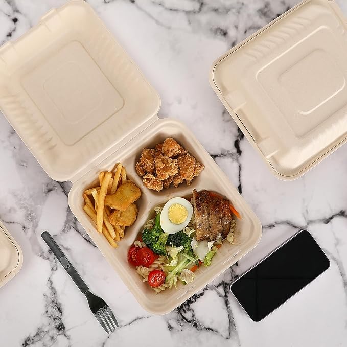 Aricsen 100 Pack 3 Compartment Compostable 8x9 Inch Takeout Lunch Box Containers with Lid To Go Take Out Clamshell for Food, Disposable Eco-Friendly Biodegradable Bagasse, PFAS-Free, Brown