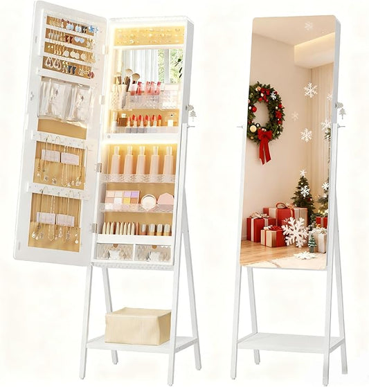 LVSOMT LED Standing Jewelry Mirror Cabinet, Stand Up Full Length Mirror with Storage, Lockable Floor Jewelry Armoire Organizer with 2 Drawers, Bottom Shelf, Built-in Lighted Makeup Mirror (White)