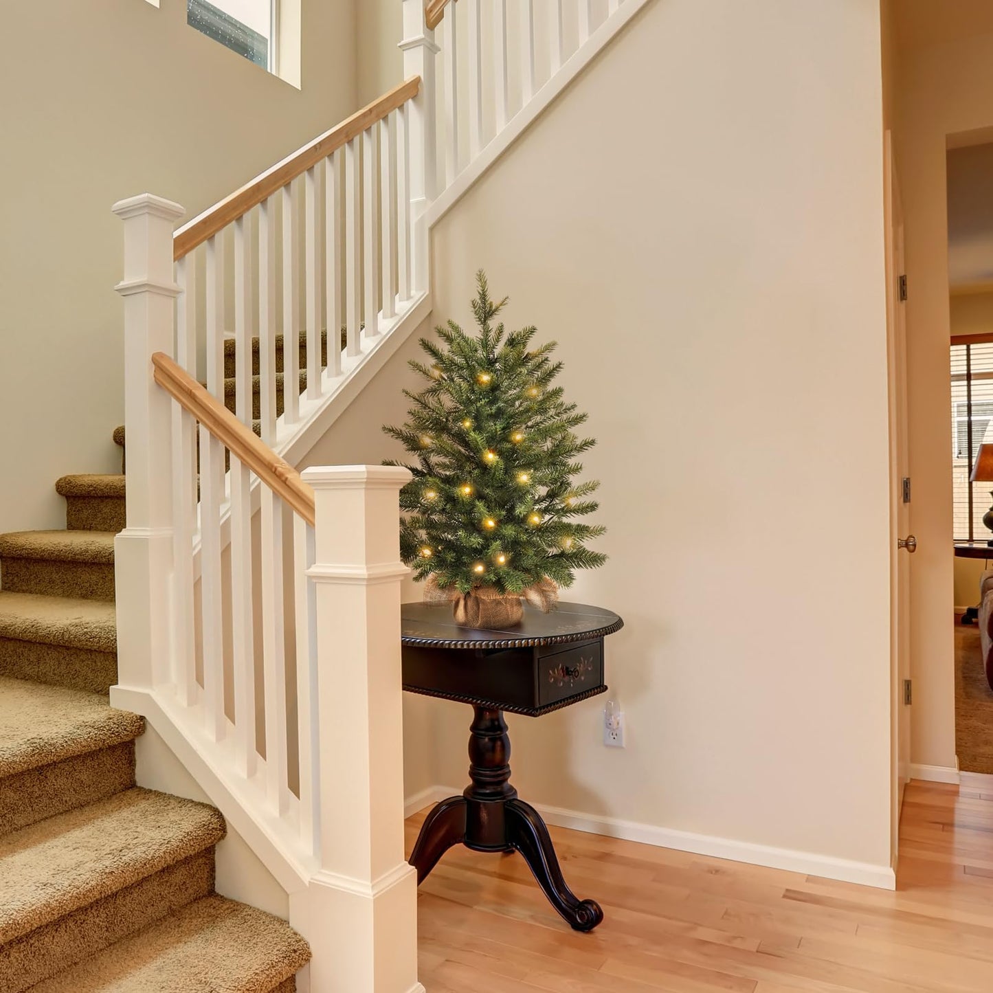 Mini Christmas Trees 24" with 25 LED Lights, 2 ft Decorated Burlap Artificial Tabletop Christmas Trees Home Party Decoration for Kitchen Dining Room Window