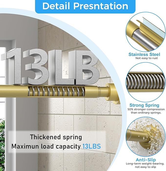 Shower Curtain Rod 31-49 Inch,0.87"Diameter Adjustable Spring Tension Curtain Rods No Drill,Warm Gold Shower Tension Rod for Bathroom,Room Divider,Window,Anti-Rust Non-Slip 1-Pack