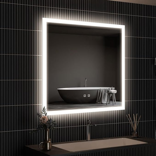 APRILSOUL 30x30 Inch LED Mirror for Bathroom, Led Vanity Mirror with Front and Backlit, 3 Color Lights, Memory Function, Anti-Fog and Dimmable Light (Horizontal/Vertical)