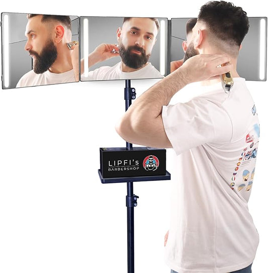 LIPFISBARBERSHOP.COM 360Â° Mirror with Tripod, 3-Way Mirro for Self Hair Cutting, Includes Crystal-Clear Glass, 4 LEDs, USB-C Fast Charging, Rechargeable Battery (360 Mirror + Tripod + Adapter)