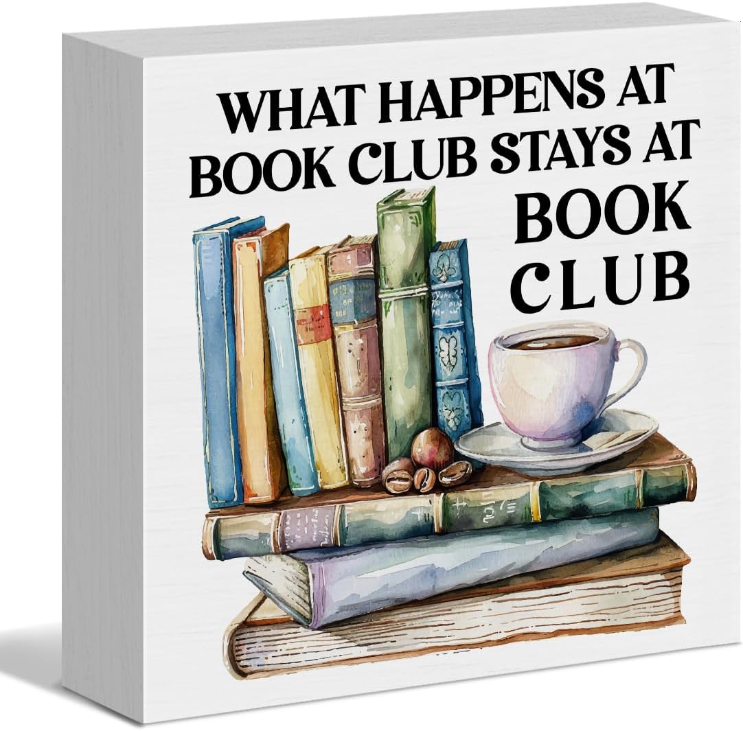 Book Lover Gifts for Women Men - What Happens at Book Club - Funny Reading Gift for Reader Librarian Bookworm Christmas Birthday - Book Shelf Desk Wooden Box Sign