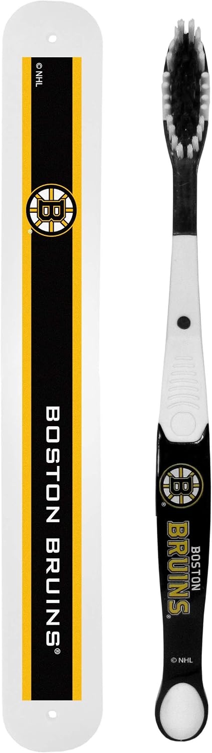Siskiyou Sports NHL Boston Bruins Unisex Solar Powered Travel Toothbrush Set with Case, White, 7.75 in L x 1.25 in W x 0.75 in D