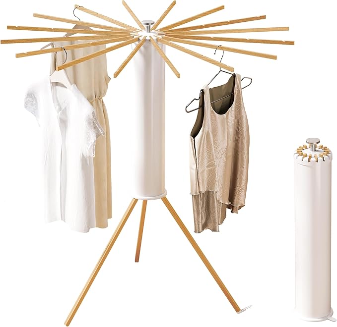 Foldable Tripod Clothes Drying Rack,Beechwood & Portable Laundry Stand, Space-Saving Collapsible Hanger with 16 Arms for Indoor & Outdoor Drying â Easy Setup, Stable Base, Fast Air-Drying Design