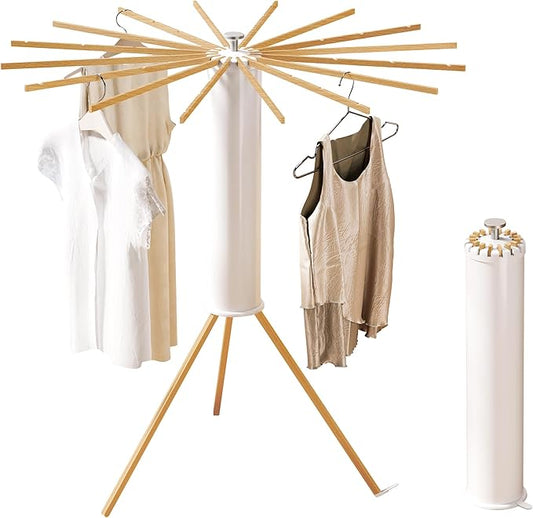 Foldable Tripod Clothes Drying Rack,Beechwood & Portable Laundry Stand, Space-Saving Collapsible Hanger with 16 Arms for Indoor & Outdoor Drying â Easy Setup, Stable Base, Fast Air-Drying Design