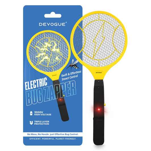 DEVOGUEÂ® Electric Fly Swatter - Weight Like Apple - 2AA Battery Powered (not incl.) - 3-Layer Protection Grid Bug Zapper Racket for Home Bedroom Kitchen Office Backyard Patio Indoor Outdoor