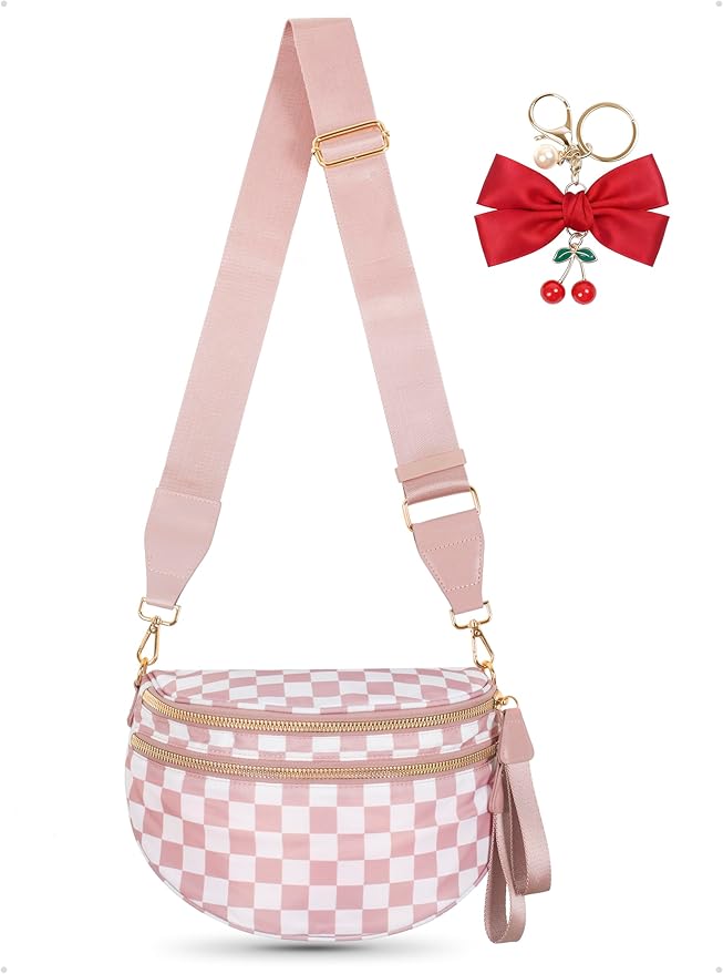 Checkered Crossbody Bag for Women, Spacious Sling & Stylish Bum Bag for Travel, Concerts, Festival, Nylon Fanny Pack Belt Bag (Colour Bum Bag-Pink Checkered)