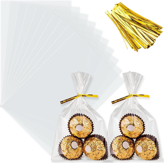 ZHEWTOEN Cellophane Treat Bags 4" x 6": 100 PCS Clear Cello Bags with Color Twist Ties for Cookies Candy Popcorn Small Gifts Party Favor Goodie Bags