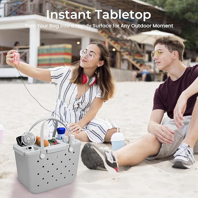 Tote Topper Tray Accessories for Bogg Bag Large Only – Waterproof EVA Table Top Organizer Lid with Cup Holder, Snack, Phone & Drink Holders for Beach, Pool, Picnic, Travel (Gray)