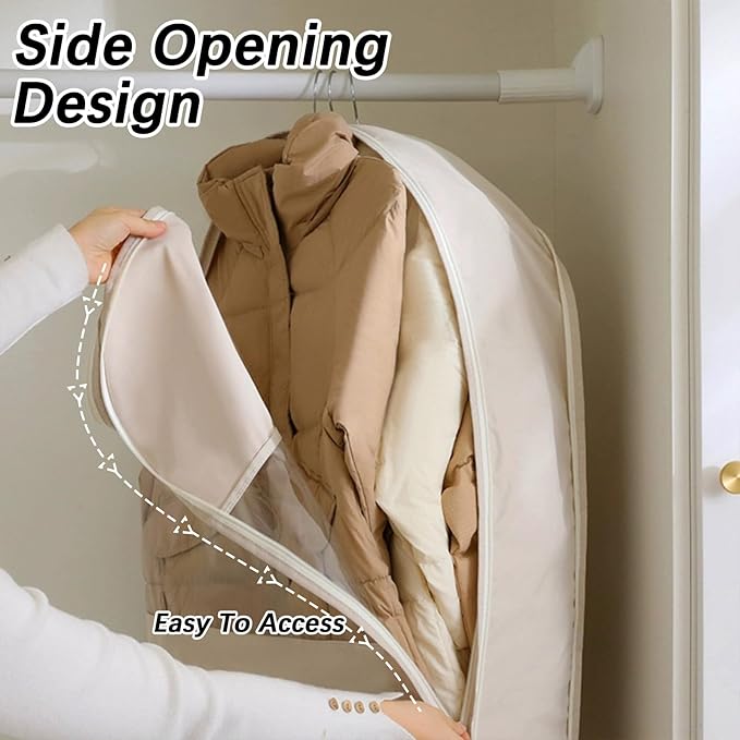 Space Saving Hanging Garment Bag with Self Compression Zipper，Dust Cover Clothes Bags for Down Coat,Dress,Suit，Closet Storage Organizer for Home Travel Use(Beige, XL)
