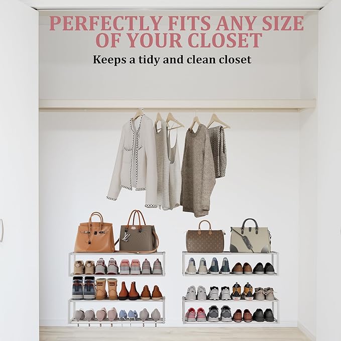 2 Pack Expandable Wall Mounted Shoe Rack, 17"-31" Adjustable Hanging Shoe Rack Holds 16 Pairs, Heavy Duty Metal Shoe Holder with 4 Storage Hooks, Space Saving for Entryway Closet Doorway（White