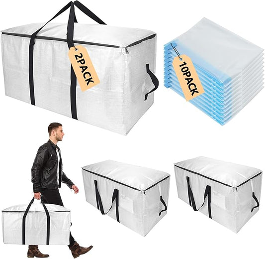 Extra Large Moving Bags with Vacuum Storage Bags Combo â Heavy Duty Totes with Handles & Zippers for Effortless Moving, (Transparent, 12 Park-2 Move bag & 10 Vacuum Seal Bag)