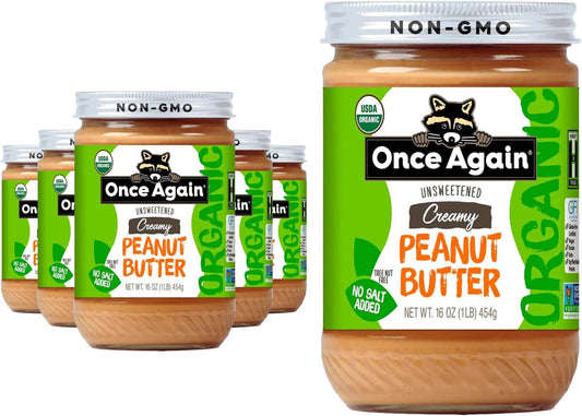 Once Again Organic Creamy Peanut Butter No Sugar Added - Single Ingredient, Unsalted, Natural Peanut Butter No Palm Oil - Glass Jar, Non-GMO, Gluten Free - Smooth and Unsweetened - 6 Jars, 16 oz