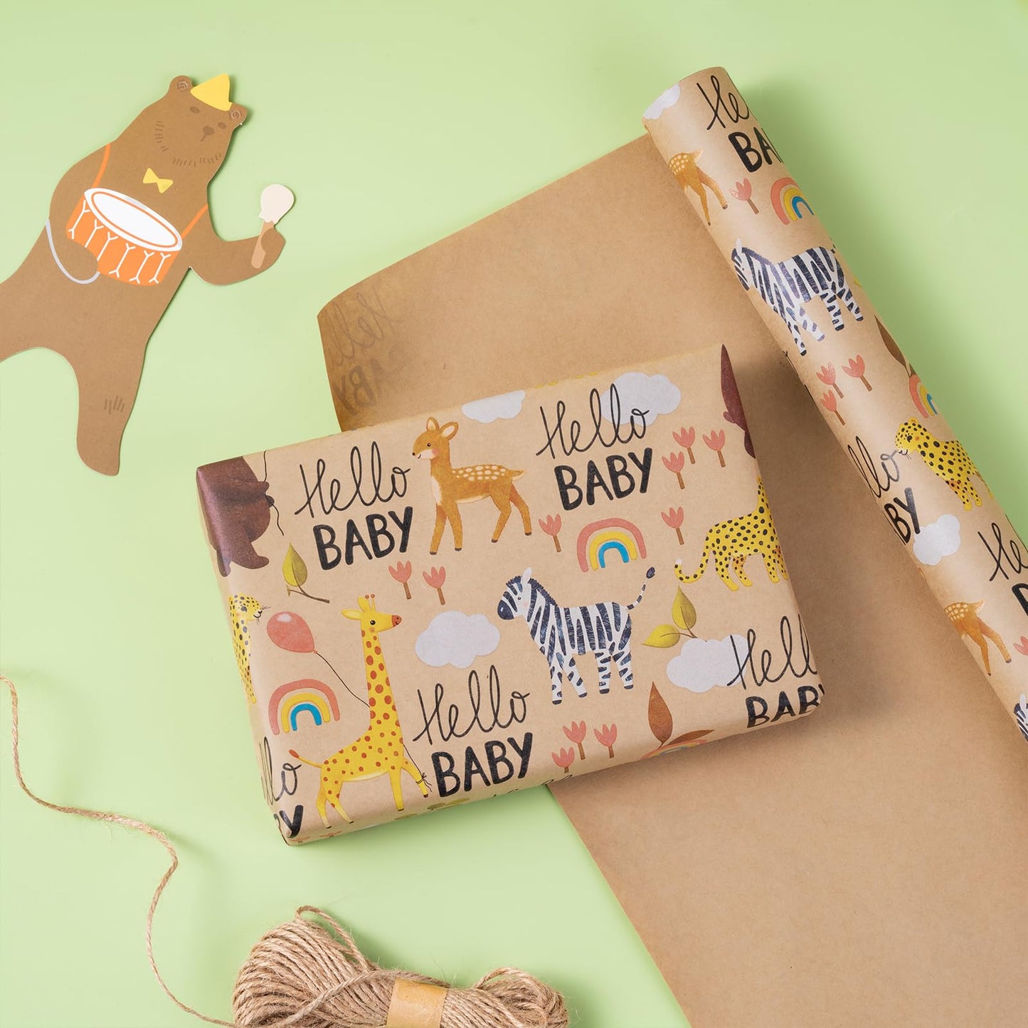 RUSPEPA 30" X 32.8' Baby Shower Wrapping Large Kraft Paper Roll, Jumbo Roll, Adorable Animal Design Kraft Gift Wrap Paper, Ideal for Baby Boy or Neutral Gift Wrapping, Kids' Birthday Party, 82 sq. ft.